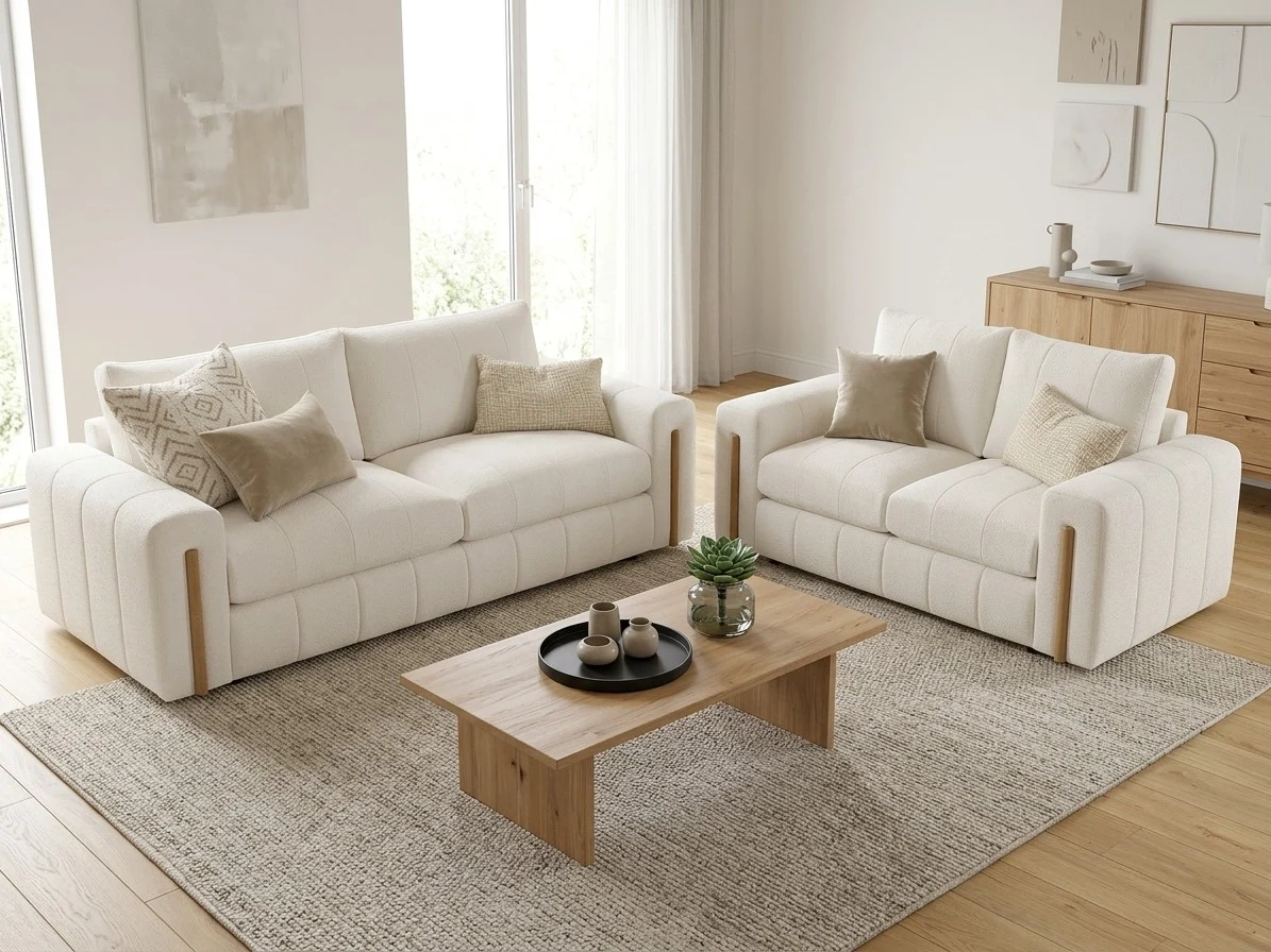 Ivory Boucle & Wood Accent Sofa Set 1 - Furniture Place Kenya