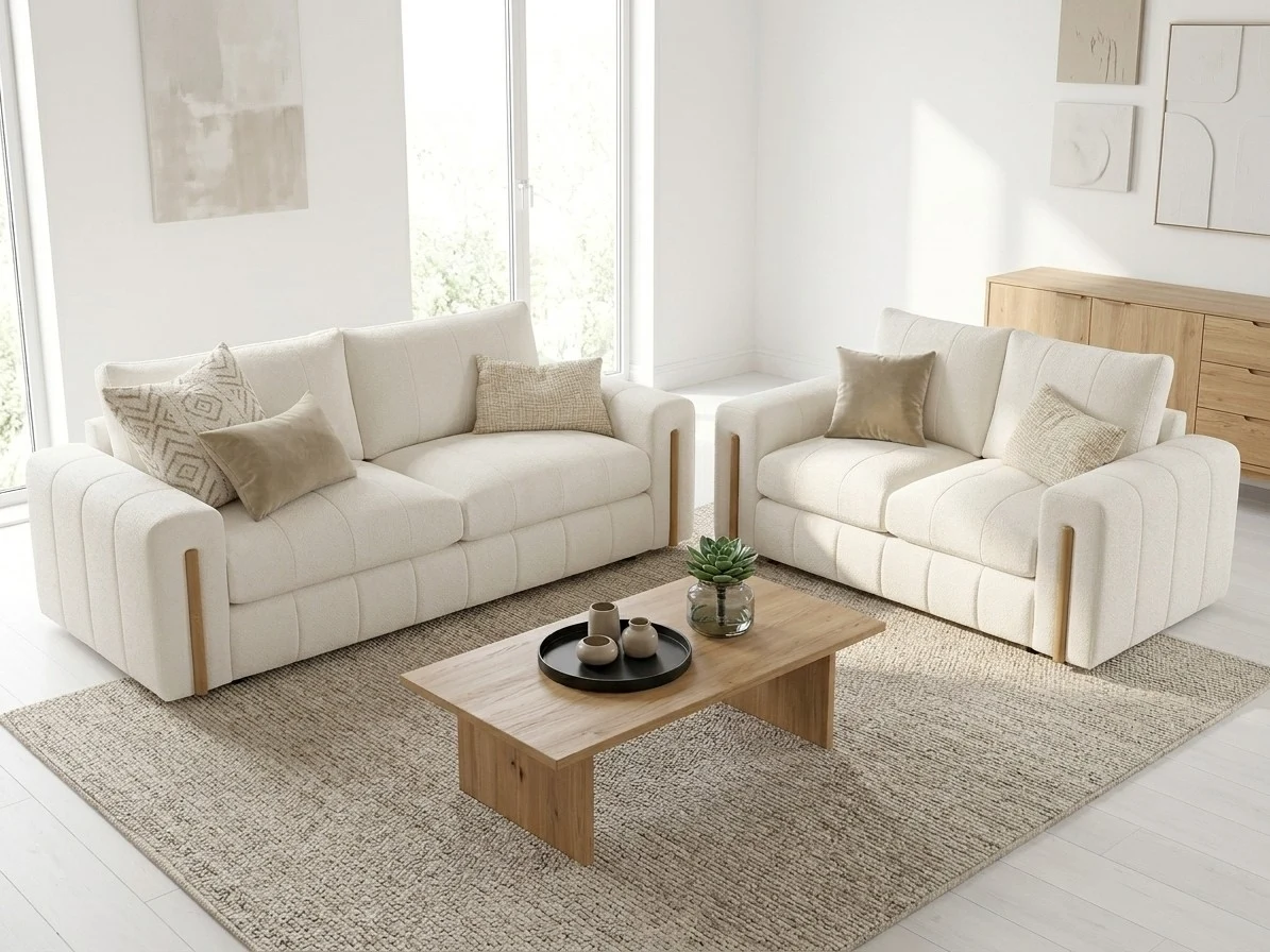 Ivory Boucle & Wood Accent Sofa Set 2 - Furniture Place Kenya