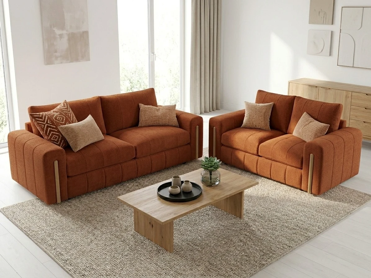 Ivory Boucle & Wood Accent Sofa Set 3 - Furniture Place Kenya