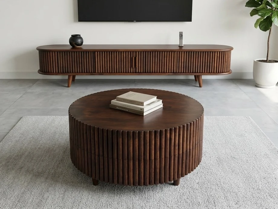 Fluted Round Coffee Table & TV Unit Set 1 - Furniture Place Kenya