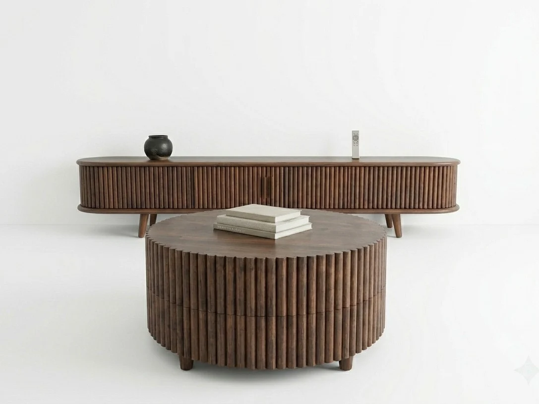 Fluted Round Coffee Table & TV Unit Set 3 - Furniture Place Kenya