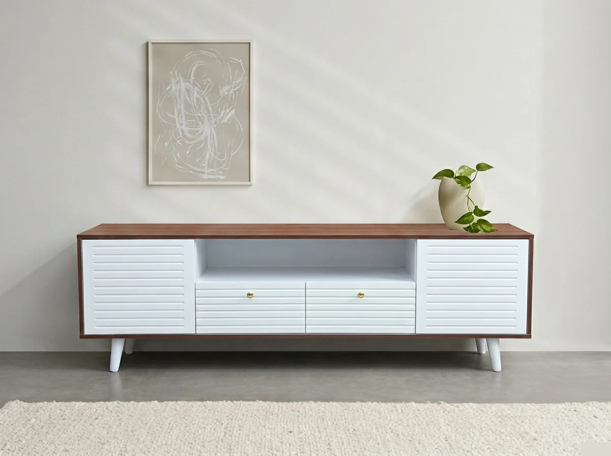 Walnut & White Louvred TV Stand 1 - Furniture Place Kenya